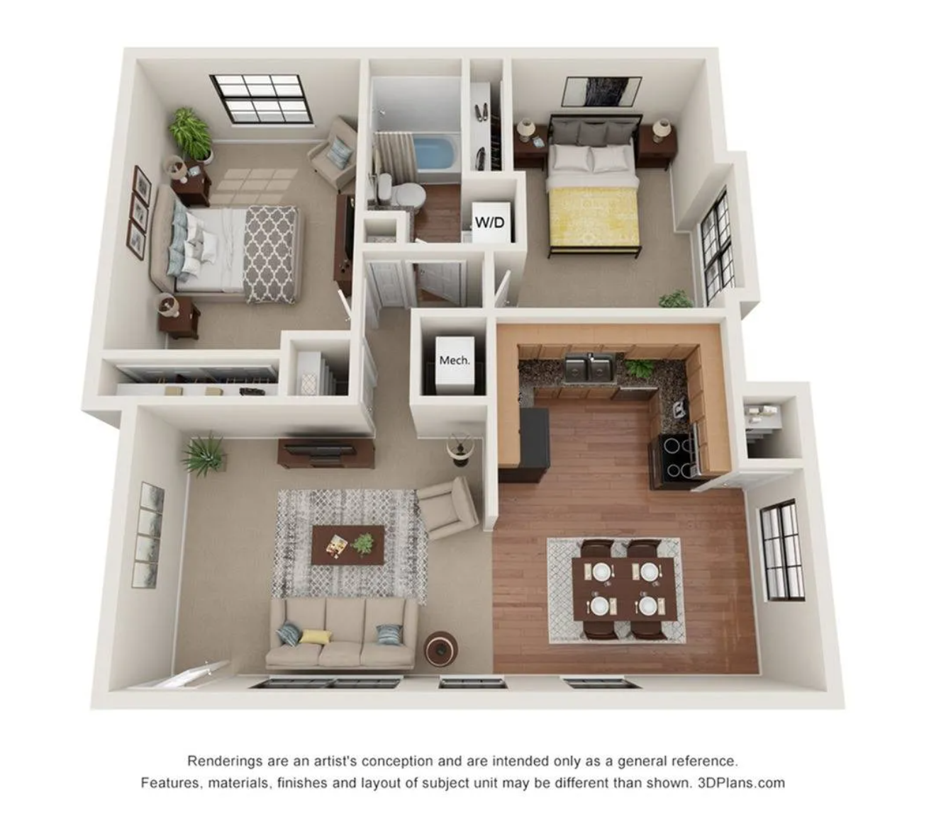 Floor plan for 2 beds, 1 bath, 865 sqft